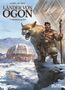 Titel „Länder von Ogon“. Ein Krieger mit Speer steht neben einem großen, fauchenden Tier vor einer Winterlandschaft und Kuppel., Buch