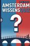 Titel: "AMSTERDAM WISSENSQUIZ". Text: "100 Fragen - 400 Antworten". Illustration: Brücke mit Radfahrer und riesiges Fragezeichen., Buch