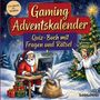 „Gaming Adventskalender“ und „Quiz-Buch mit Fragen und Rätsel“. Santa spielt Computerspiel, daneben ein jubelnder Engel., Buch