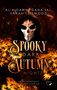 Titel: "Spooky Dark Autumn Nights". Namen: Alia Dawn, Dana Jai, Säräh Firewood. Totenkopfmaske, Herbstblätter., Buch
