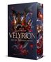 „Anja Lehmann, Velyrion, Reich der vergessenen Drachen“. Eine goldene Krone mit roten Blumen und Drachenflügeln., Buch