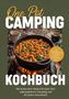 Text: "One Pot Camping Kochbuch. Inkl. Pfannenbroten, Eintöpfen, Currys, Getränken uvm." 
Illustration: Topf mit Gemüse über einem Feuer., Buch