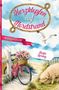 „Herzklopfen auf Nordstrand“ steht in einem Seilrahmen, „Nordseeverliebt“ auf einem Band, „Katie Spring“ auf einem Etikett. Ein rosa Fahrrad mit Blumenkorb, ein Schaf und eine Möwe am Strand., Buch