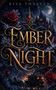 „Kisa Thaleen“ und „Ember Night“ in kunstvollen Buchstaben, dunkles Schloss, Vollmond, rote Rosen, Pferdekutsche., Buch