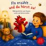 „Flo erzählt... und du hörst zu!“ Kinderbuch von Sabine Karner, roter Drache, lachender Junge im Bett mit Buch., Buch