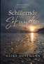 Texte: Gedichte "Schillernde Sekunden" - Heike Hoffmann. Ein filigranes Blatt und zarte Blüten vor einem glitzernden Sonnenuntergang.