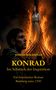 Text: "KONRAD", "IM SCHATTEN DER INQUISITION", "EIN HISTORISCHER ROMAN", "BAMBERG 1550". Eine Frau steht gefesselt vor Flammen., Buch