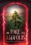 Texte: "Oliver Siegeln", "Die Tore der Akropolis", "Vergessene Geschichten". Ein Baum in einem Wald, umgeben von rotem Licht., Buch
