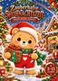 Ein Bär in Weihnachtskleidung hält ein Geschenk und eine Zuckerstange. Weihnachtsszene mit Schneemann und Spielzeug., Buch
