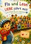 Buchtitel: "Flo und Leon - LIEBE fährt mit!" Ein fröhlicher Junge hält einen Drachen. Im Hintergrund: Menschen und Zug., Buch