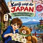 „Kenji zeigt dir JAPAN“ ist ein Mitmachbuch für Kinder ab 7 Jahren. Ein Junge und ein Bärchen halten eine Karte, im Hintergrund ist der Fuji und Kirschblüten., Buch