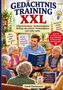 „Gedächtnistraining XXL“ oben, Untertitel mit Aufgaben. Ein Betreuer liest Senioren vor. Bücherstapel und Tasse am Tisch., Buch