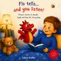 Text: "Flo tells... and you listen!", "Picture stories to wonder, laugh and keep the story going", "no text for children aged 3+". Illustration: Ein Kind im Bett mit einem Buch, einem Drachen und einem Teddybären. Ein Herzlampe leuchtet., Buch