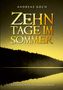 „Zehn Tage im Sommer“ von Andreas Koch. Ein gelber Himmel über einer dunklen Waldsilhouette, reflektiert im Wasser., Buch