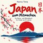 „Japan zum Mitmachen“, ein Reise- und Rätselbuch für Kinder ab 10 Jahren. Illustrationen: Kirschblüten, Berg, rote Sonne., Buch