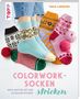 „COLORWORK-SOCKEN stricken. Neue Muster mit der Jacquardtechnik.“ Vier bunte Socken, Garnknäuel, Jeans.
