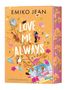 „EMIKO JEAN, LOVE ME ALWAYS“. Orangefarbener Hintergrund, Illustrationen mit Noten, Pflanzen, Figuren und Alltagsgegenständen., Buch
