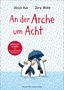Titel: „An der Arche um Acht“. Drei Pinguine im Regen mit Regenschirm, Illustration., Buch