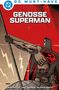 „Genosse Superman“ steht groß auf rotem Hintergrund. Illustration von Superman mit Hammer-und-Sichel-Logo auf der Brust., Buch