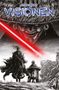 "Star Wars Visionen" steht oben. Eine düstere Figur mit Hut, darunter ein Krieger mit Umhang und Roboter. Roter Lichtstrahl., Buch