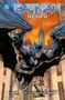 "BATMAN HUSH II" oben; Batman gleitet durch die Stadt mit ausgebreitetem Umhang im Sonnenuntergang. Comic-Stil., Buch