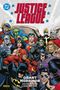 „JUSTICE LEAGUE“, Illustration mit Superhelden, darunter Batman und Superman. Text: Grant Morrison, Deluxe Edition., Buch