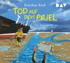"Tod auf dem Priel" von Krischan Koch. Ein Küstenkrimi. Illustration: Ein Mann und Hund am Ufer, Ärmel mit Koffer im Wasser., 5 CDs