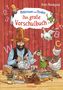 "Pettersson und Findus. Das große Vorschulbuch". Ein bärtiger Mann und eine Katze basteln an einem Holzhuhn., Buch