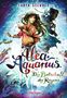 „Alea Aquarius“ in geschwungener Schrift, darunter „Die Botschaft des Regens“. Ein Mädchen mit fließendem Haar und Wasser., Buch
