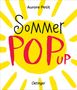 Text: "Aurore Petit, Sommer POP UP, Oetinger". Illustration: Gelbe Sonne mit Strahlen und rotem Text., Buch