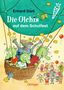 "Erhard Dietl, Die Olchis auf dem Schulfest." Illustration: Grüne Figuren im Heißluftballon, Kinder unten mit Luftballons.