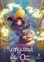 "Morgana & Oz", 3, Miyuli. Eine Hexe mit großem Hut schwebt in einer Bibliothek, von einem Mann gehalten, magische Bücher um sie., Buch