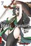 "Blade & Bastard" auf einem Cover mit einer Frau in dynamischer Pose, Schwert erhoben, stilisierte Kleidung., Buch