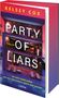 Text: "Kelsey Cox, Party of Liars, Thriller, Du bist eingeladen auf die tödlichste Party der Saison, Lübbe." Ein modernes Haus., Buch