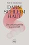 „Darm Schleim Haut“ in großen Buchstaben. Gelber Hintergrund. Autor in Anzug mit Fliege, lächelt freundlich., Buch
