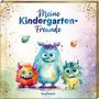 "Meine Kindergarten-Freunde" steht in bunter Schrift. Niedliche, farbenfrohe Monster lächeln. Goldene Punkte umrahmen sie.