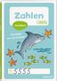 "Zahlen Üben, Schulstart, Die Zahlen von 1 bis 10 lernen." Delfin und Seesterne mit Zahlen; Fische und Wellen.