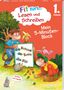 Text: "Fit fürs... Lesen und Schreiben", "Mein 5-Minuten-Block", "die Banane der Baum". Zwei Affen, einer mit Banane, ein Igel.
