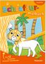 "Schraffur-Malbuch", "Zootiere", "Mit 12 tierischen Struktur-Schablonen". Ein Tiger im Comic-Stil und ein gelber Stift., Buch