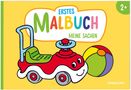 "Erstes Malbuch, Meine Sachen, 2+" auf gelbem Hintergrund. Illustration: Rotes Spielauto und bunter Ball., Buch