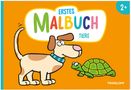 "Erstes Malbuch Tiere", "2+". Illustration eines Hundes und einer Schildkröte auf orangefarbenem Hintergrund., Buch