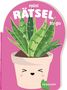 "mini RÄTSEL to go" auf pinkem Hintergrund, Illustration: Lachender Blumentopf mit grüner Pflanze., Buch
