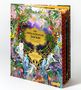 „Die unglaubliche Safari“ in goldener Schrift, umgeben von exotischer Vegetation, Tieren und einem violetten Himmel.