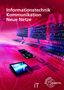 „Informationstechnik Kommunikation Neue Netze“. Hintergrund mit Monitoren, Tastaturen und mobilen Geräten in Rot- und Blautönen., Buch