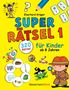 "SUPER RÄTSEL 1", 320 Rätsel, für Kinder ab 8 Jahren. Ein Detektiv, Rakete, Frosch, Hund, und Süßigkeiten sind zu sehen., Buch