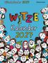 „Witzekalender 2027“ in bunten Buchstaben, umgeben von fröhlichen, gezeichneten Gesichtern auf blauem Hintergrund.