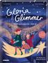 Buchtitel: "Gloria Glimmer - Weihnachtszauber überall". Drei Figuren auf einem fliegenden Stern über einer Stadt bei Nacht., Buch
