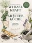 "Wurzelkraft und Kräuterküche" mit Zeichnungen von Karotten und einem Topf, umgeben von Kräutern und Blüten auf Holz.
