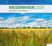 "NIEDERRHEIN 2028 - Ansichten einer Region". Eine Blumenwiese mit Bäumen und Wolken am Himmel.