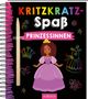"Kritzkratz-Spaß PRINZESSINNEN". Illustration einer Prinzessin in lila Kleid mit Krone, bunten Zeichen und Spiralbindung., Buch
